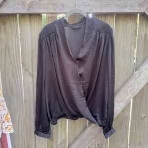 Lucky Brand Black Crinkled Satin Peplum Sleeve Drapey Front Long Sleeve Blouse